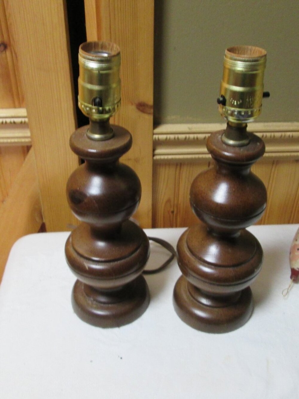 MCM wood Spiral table lamps 12 in vintage felt bottom brown cord